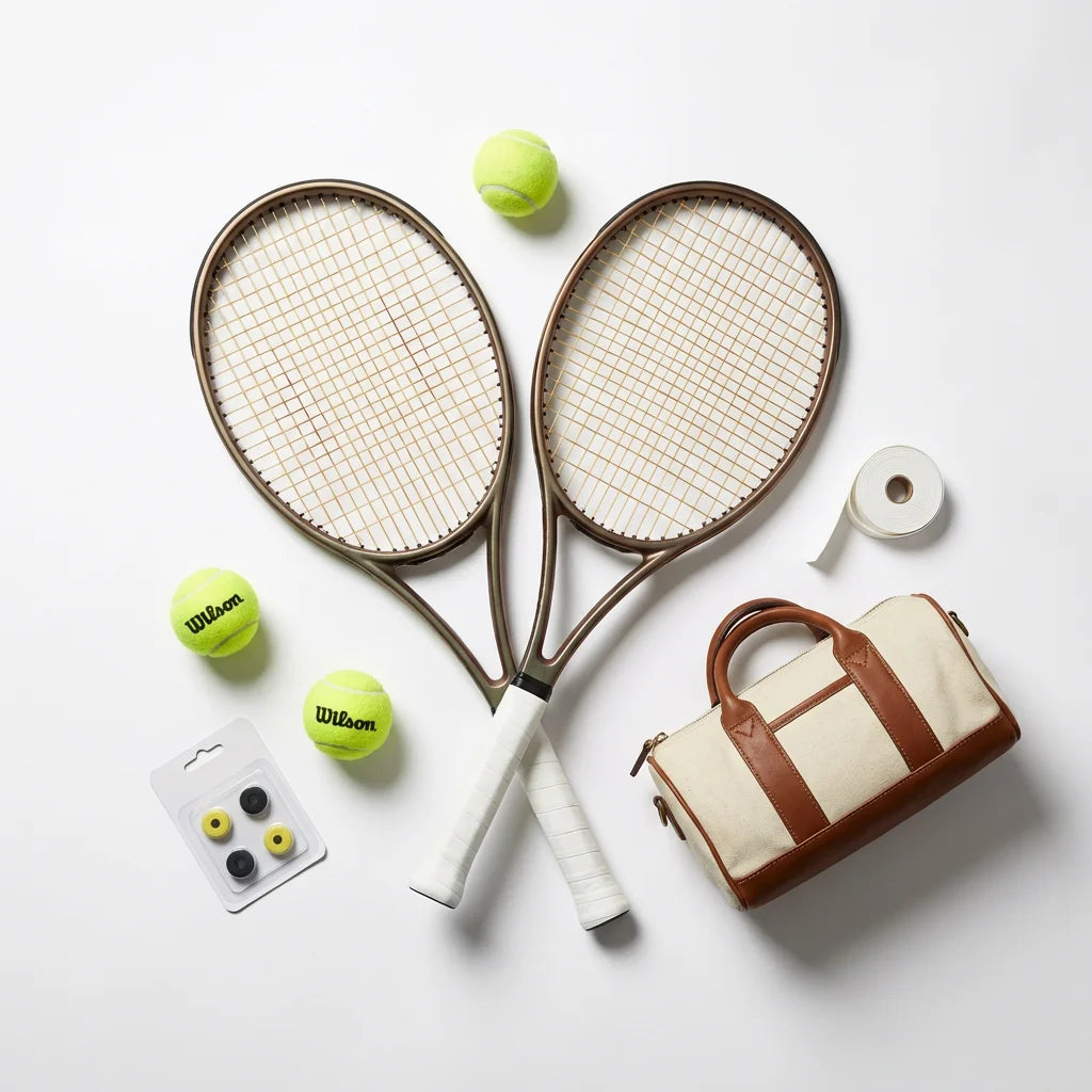 Complete tennis racket set flat lay - rackets, balls, bag and accessories