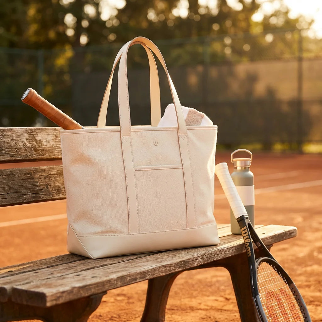 Large tennis bag for women lifestyle shot on court bench