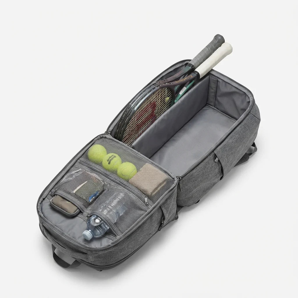 Tennis backpack open showing interior compartments for rackets and accessories