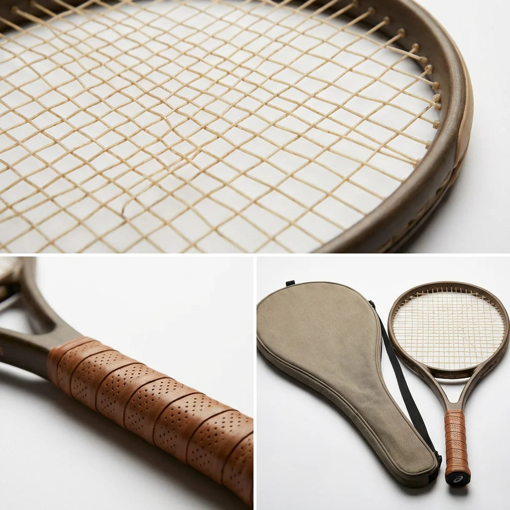 Tennis racket close-up detail showing string pattern and grip quality
